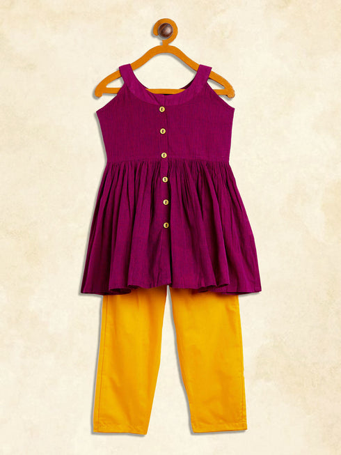 Vastramay SISHU Girl's Purple Striped Handloom Kurta With Yellow Pyjama Set